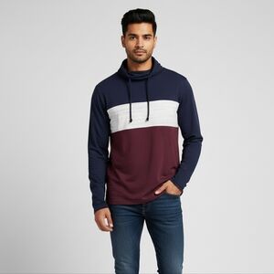 Express Men's Navy Blue Colorblock Cowlneck Long Sleeve Top W/ Drawstring Sz XL